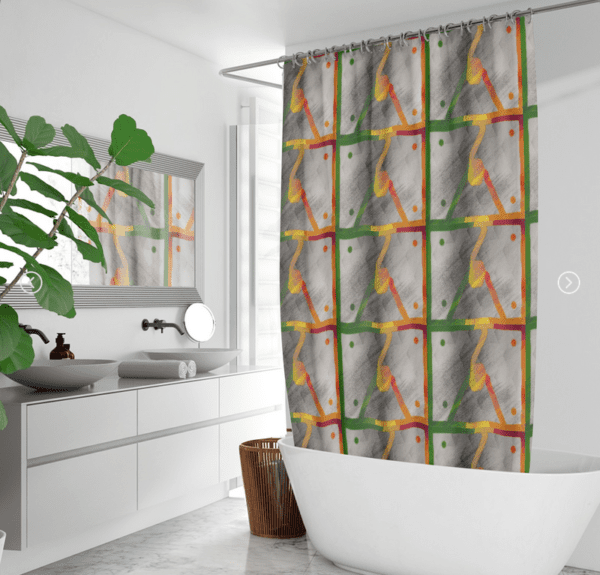 Abstract shower curtain, gray, orange, green.