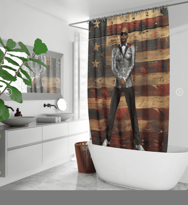 Shower curtain: man in tuxedo, American flag.