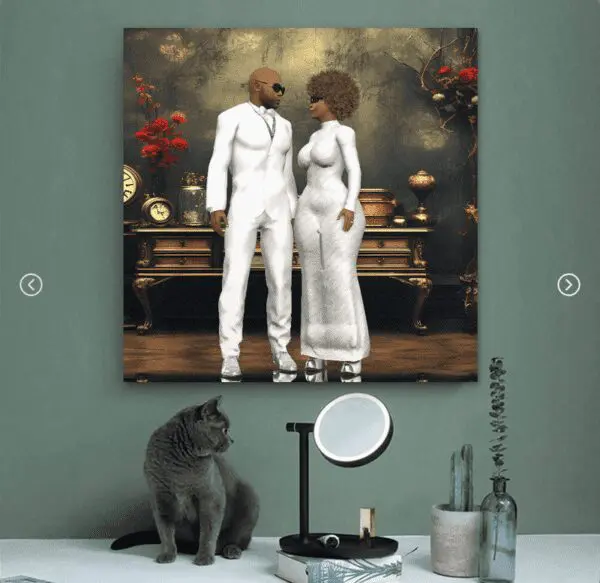 A cat sitting on the floor next to a painting of two people.